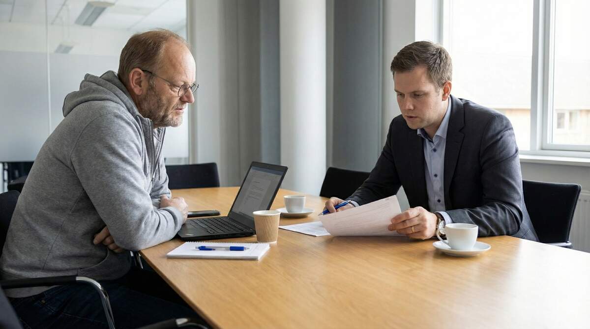 Strategiegespräch: Zwei Männer besprechen Dokumente